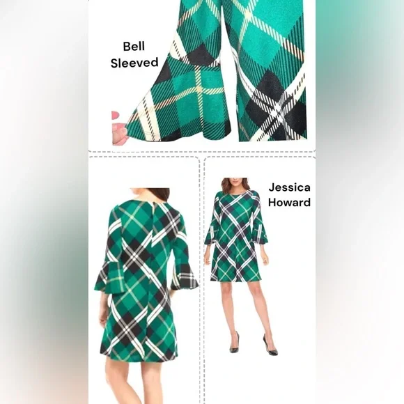 Jessica Howard | Dresses | Jessica Howardadorable Greenplaid Bell Sleeved A Line  Dress Womens Size M | Poshmark